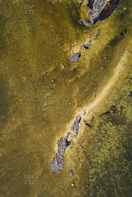 Abstract aerial view of stones formation in algae bloom on coastline in Estonia