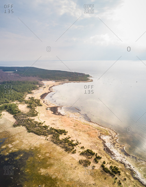 Aerial view of coastline of Vormsi island in Estonia