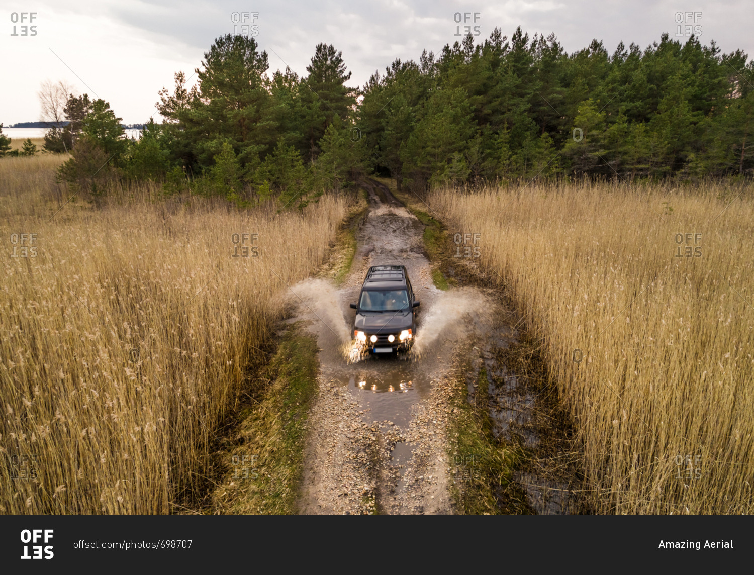 Aerial view of black car splashing water while driving through puddle on the dirt road surrounded by reed in Estonia