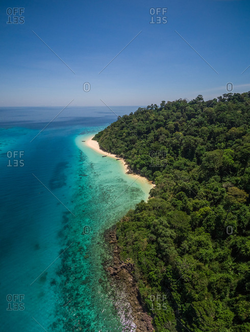 Aerial view of beautiful bay at Koh Rok Yai Beach island in Thailand.