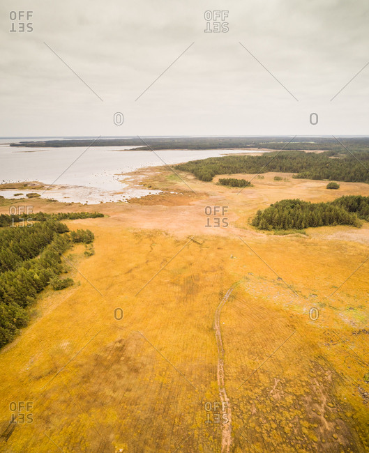 Aerial view of unusual landscape of coastline on the island of Vormsi in Estonia