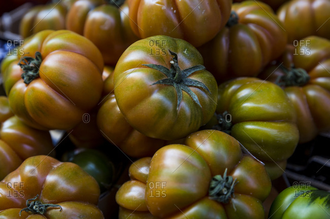 Fresh Beefsteak tomatoes for sale at a market stall in Bologna, Italy.