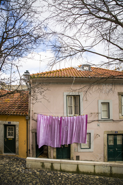 April 2, 2016: Laundry hanging in Lisbon, Portugal.