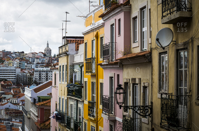 March 31, 2016: Colourful building facades in the Bairro Alto area of Lisbon, Portugal.