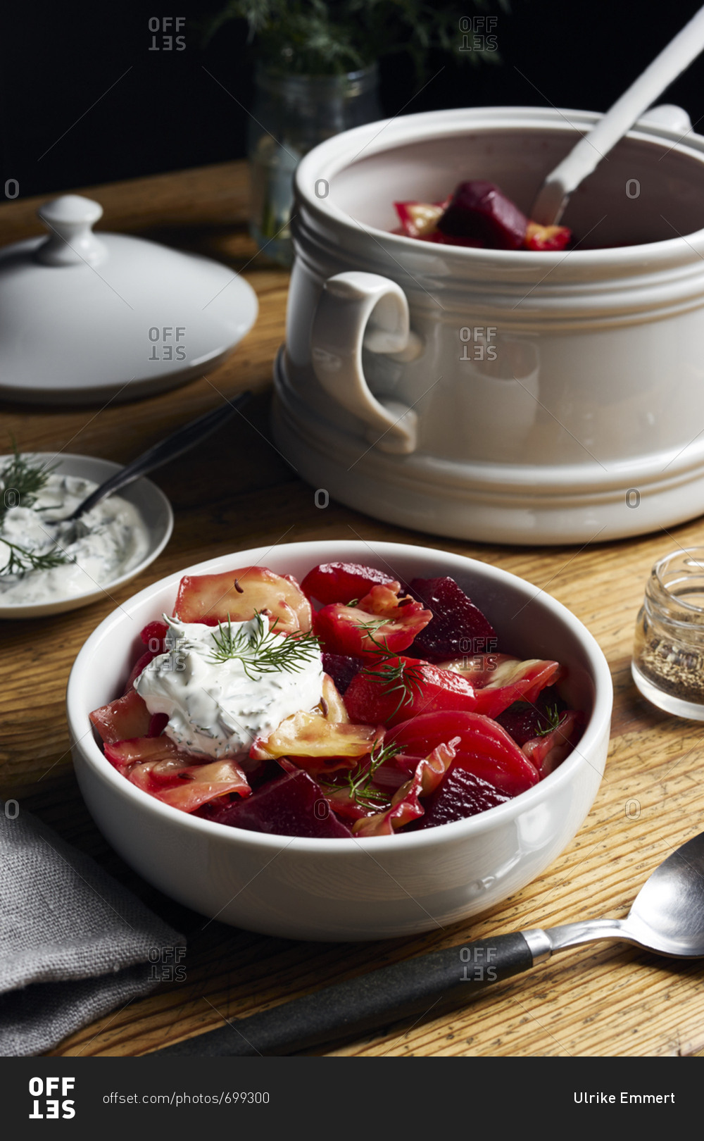 Winter vegetable stew with beetroot and white cabbage