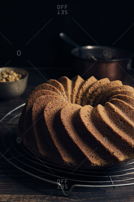 Hazelnut bundt cake before being garnished with chocolate ganache and chopped hazelnuts