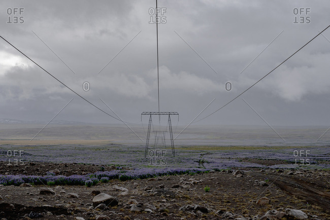 Row of electricity pylons on field against cloudy sky, Highlands, Iceland