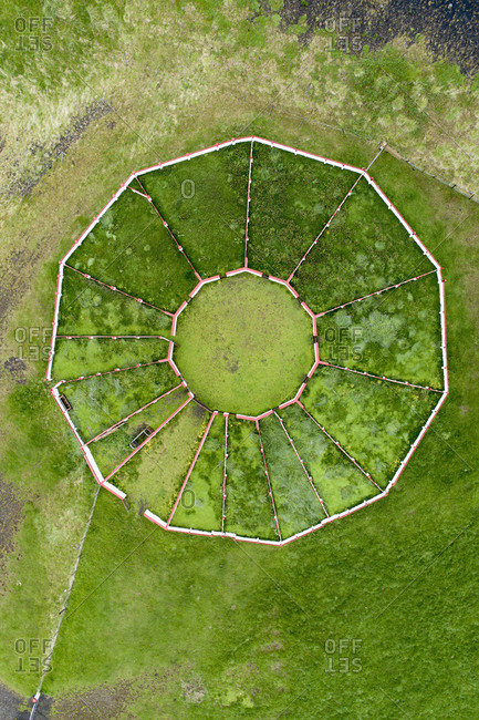 Aerial view of built structure on field, Highlands, Iceland
