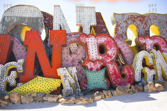 Las Vegas, Nevada - May 03, 2018: Old discarded letters and signs stacked up against one another in boneyard at Neon Museum