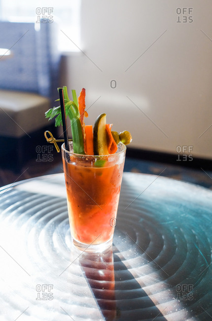 Bloody Mary drink garnished with fresh vegetables