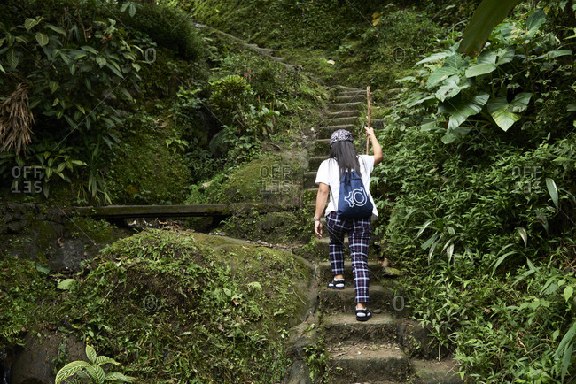 Batad, Philippines - March 3, 2018: Filipina tour guide going up stairs into the jungle with walking stick.
