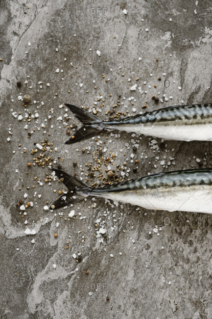 Tails of two fish with coarsely ground salt and seasonings