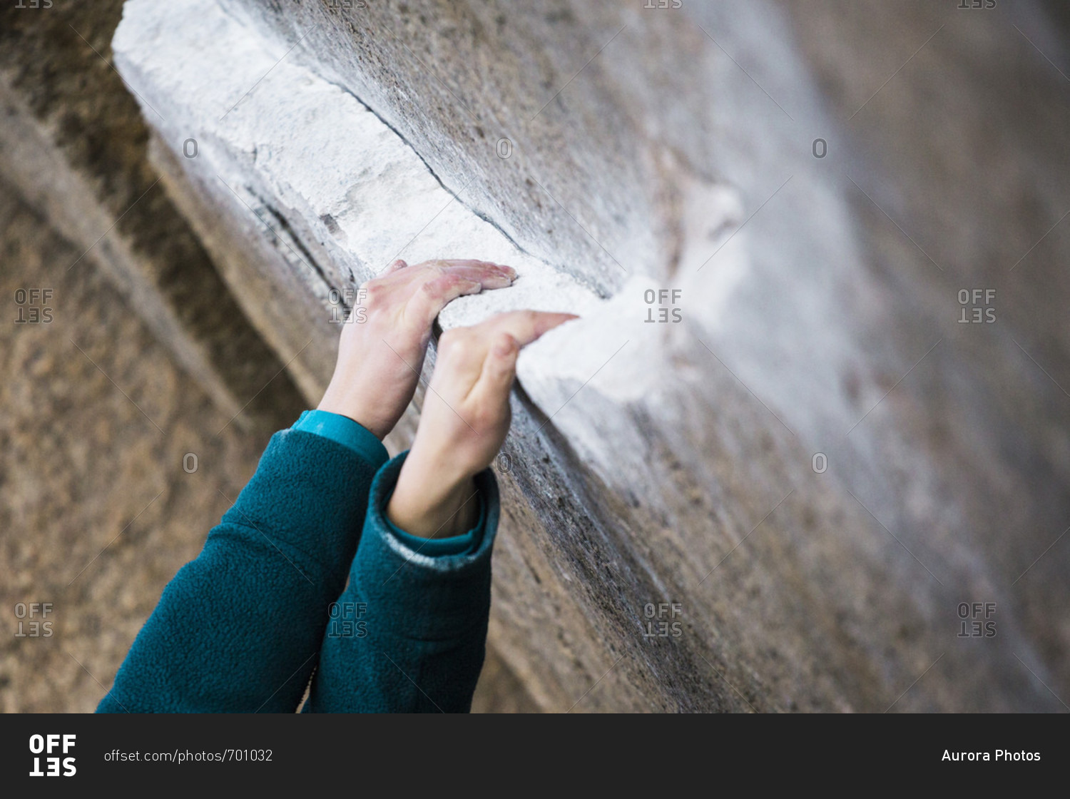 Close up of woman\'s hands while rock climbing, Iron Man Traverse, Bishop, California, USA