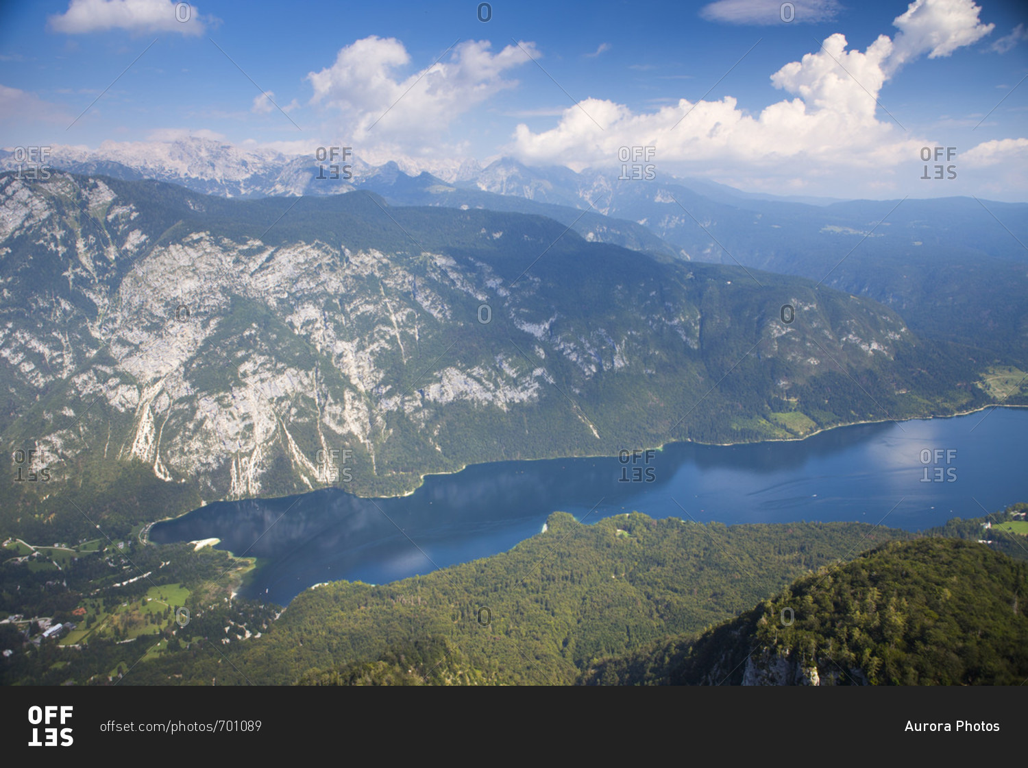 Lake Bohinj as seen from mount Vogel, largest permanent lake located in Bohinj Valley of Julian Alps, Triglav National Park, Slovenia