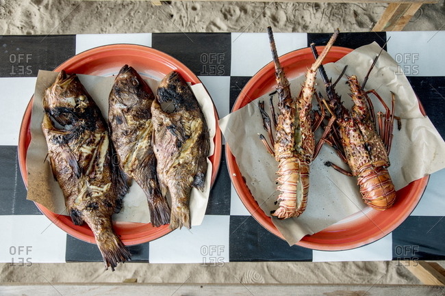 Seafood served at a beach restaurant, Karimunjawa Archipelago, Indonesia