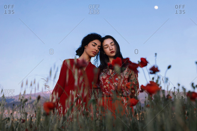 Beautiful models in red in field
