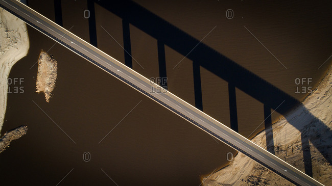 Aerial image over a very dry Theewaterskloof dam with massive patches of barren earth exposed, South Africa