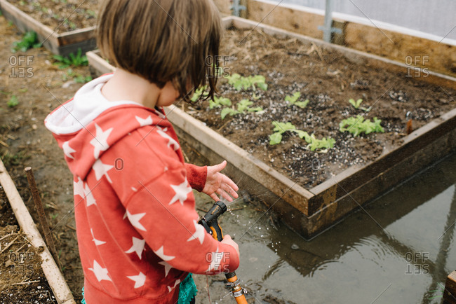 Back side view of girl playing with hose water in greenhouse