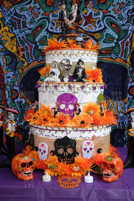 Oakland, California, USA - October 29, 2017: Decorated cake at Day of the Dead festival