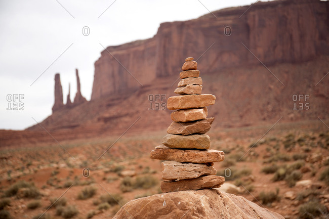 Small tower of rocks placed by tourists at Monument Valley Navajo Tribal Park