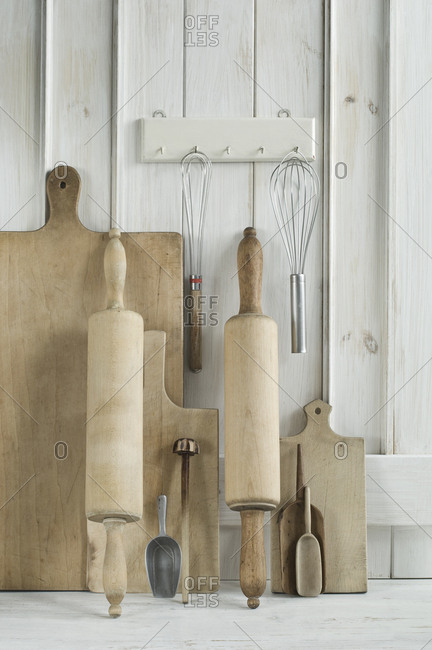 Kitchen utensils- rolling pin- wire whisk- shovel- chopping board