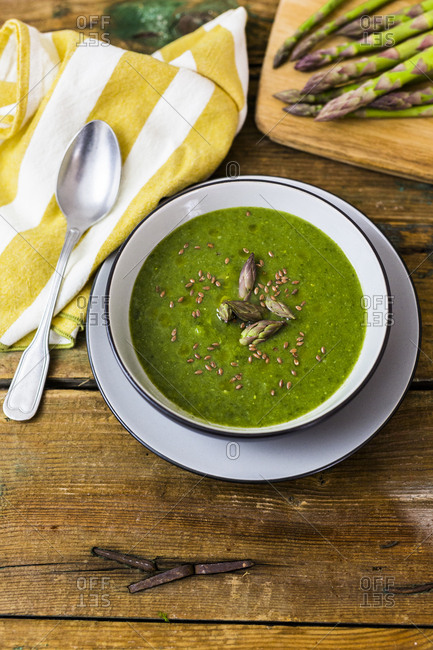 Fresh green asparagus- asparagus soup in bowl
