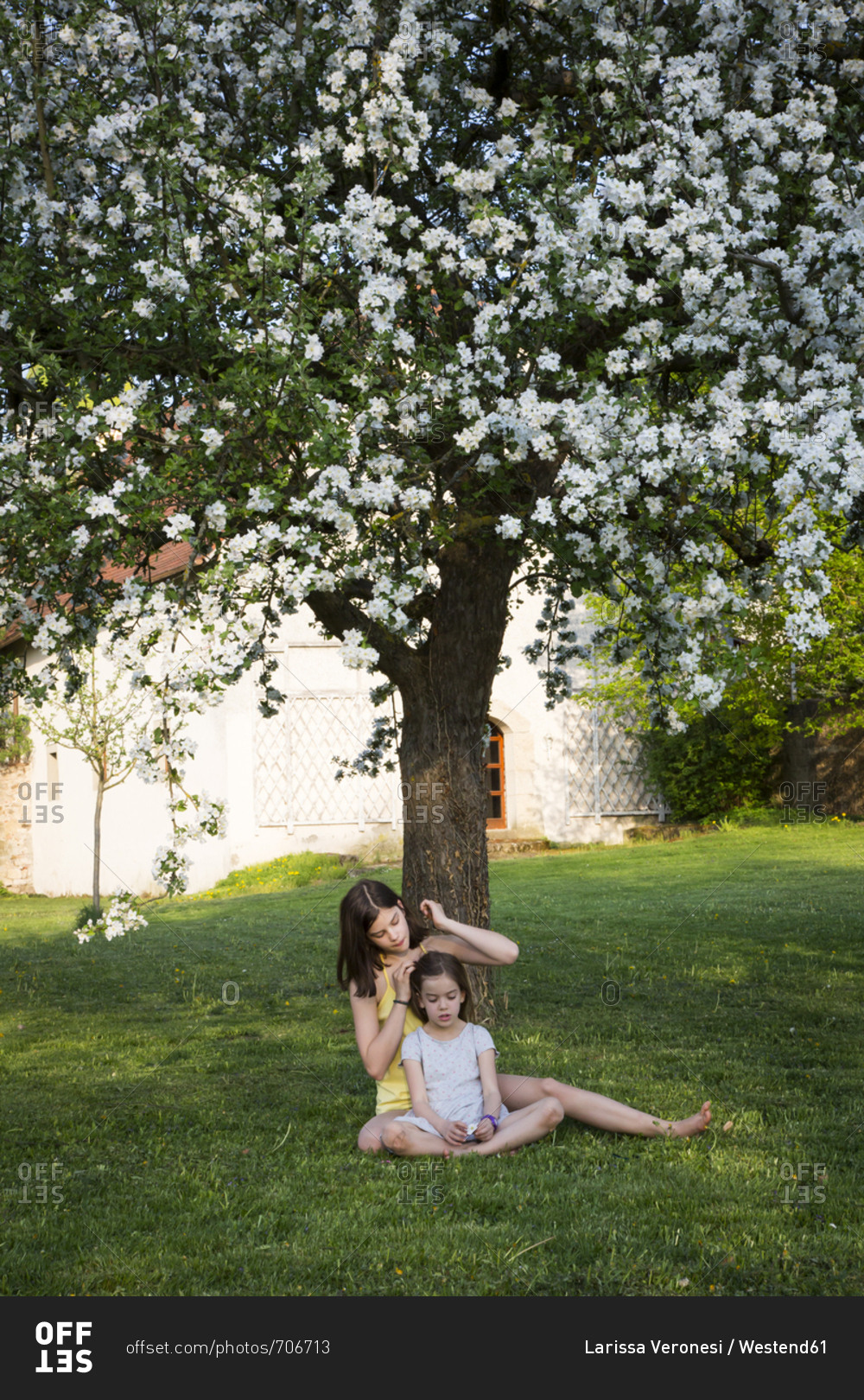 Two girls sitting in front of blossoming apple tree in the garden