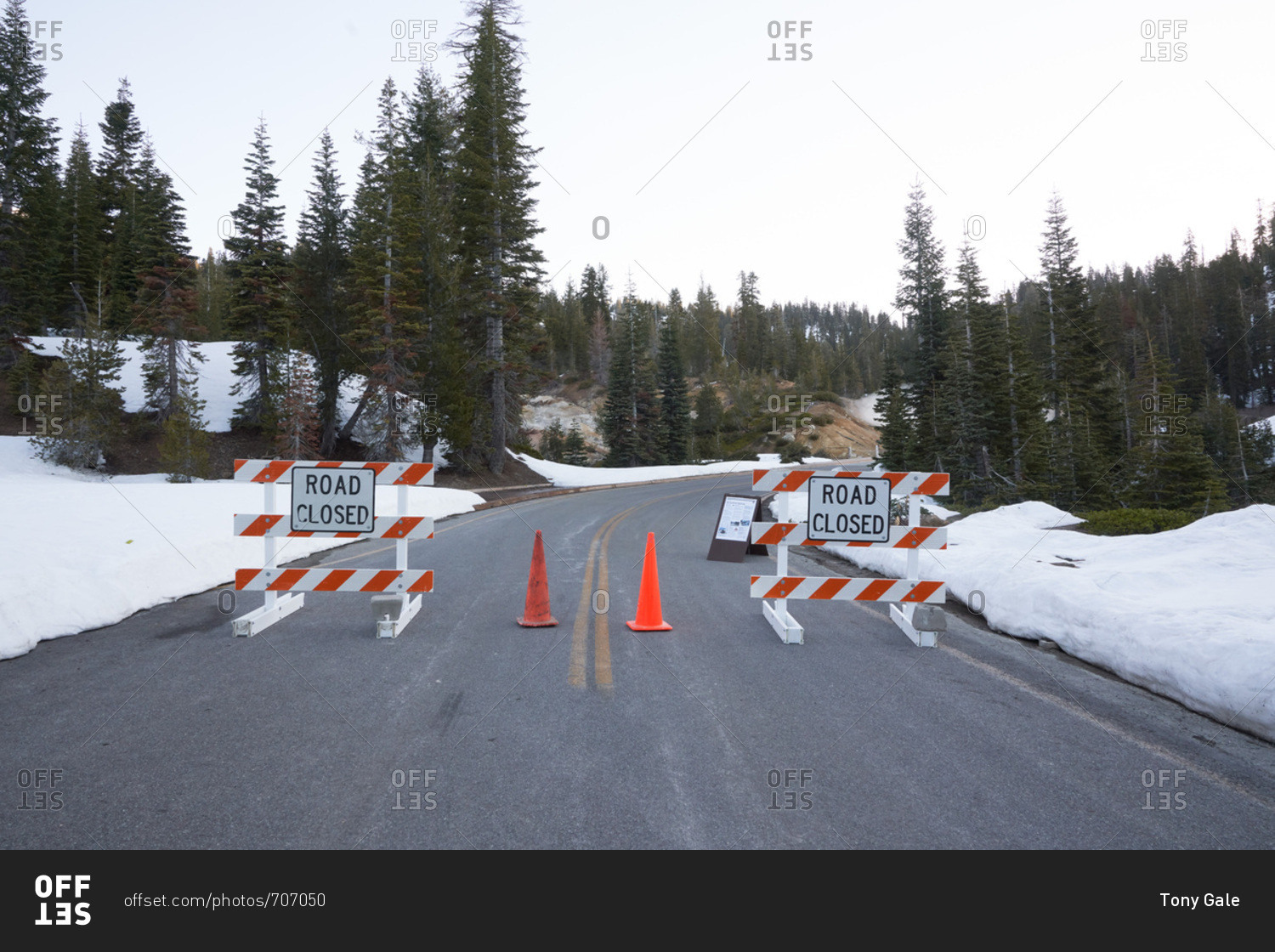 Road closure on highway in Lassen Volcanic National Park, California