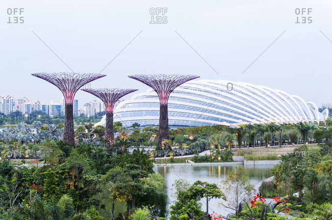 Singapore - July 18, 2012: View of Supertrees and skyline from Gardens by the Bay