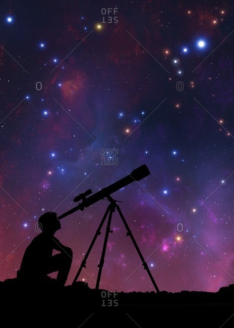 Illustration of a boy looking through a telescope, seen in silhouette against the star clouds of the Milky Way