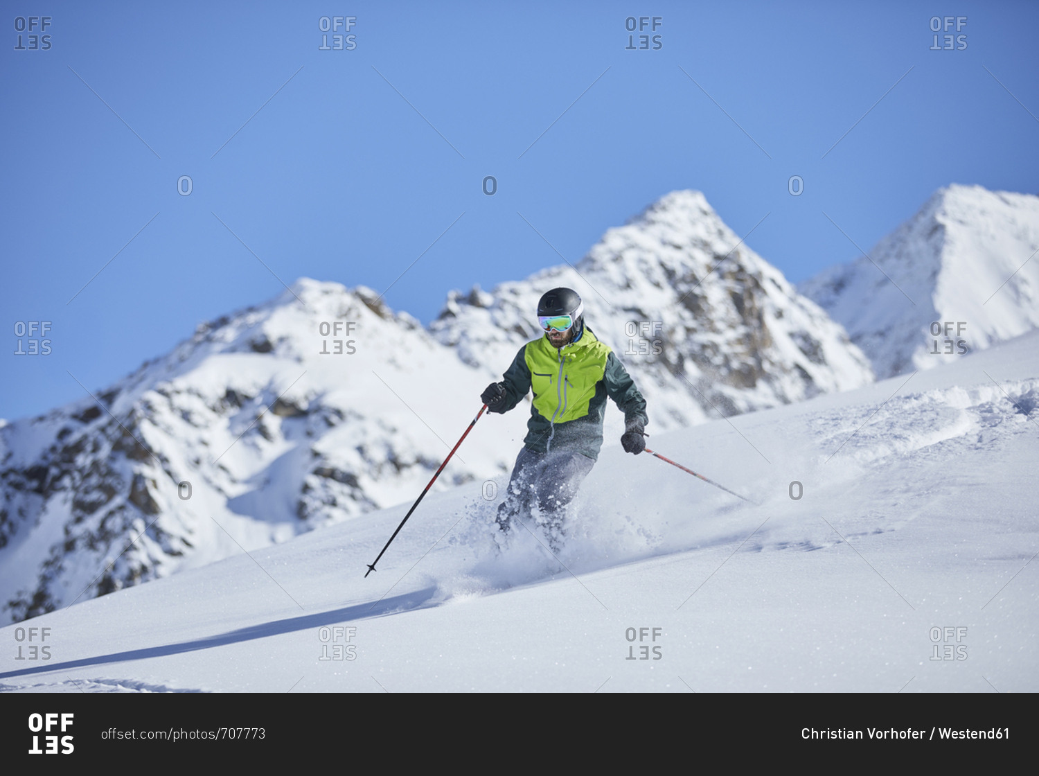 Austria- Tyrol- Kuehtai- man skiing in winter landscape