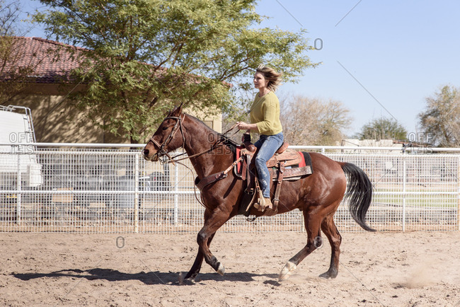 Woman exercising horse