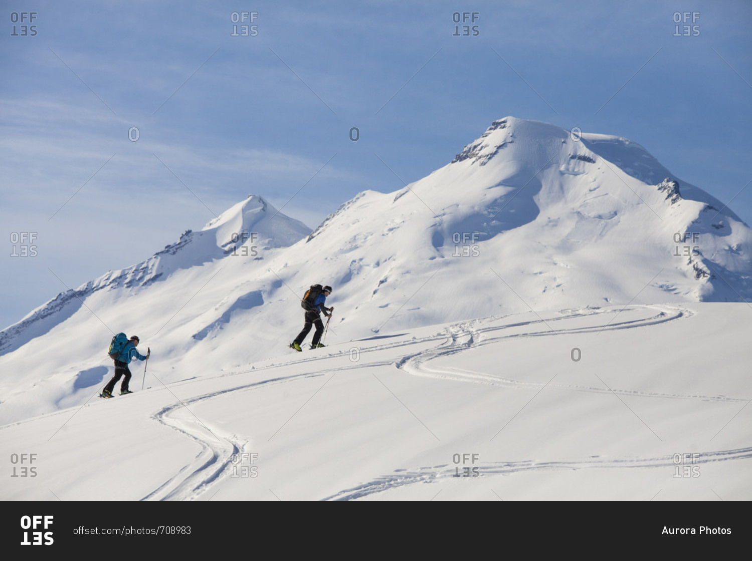 Two men cross-country skiing in North Cascades National Park, Washington State, USA