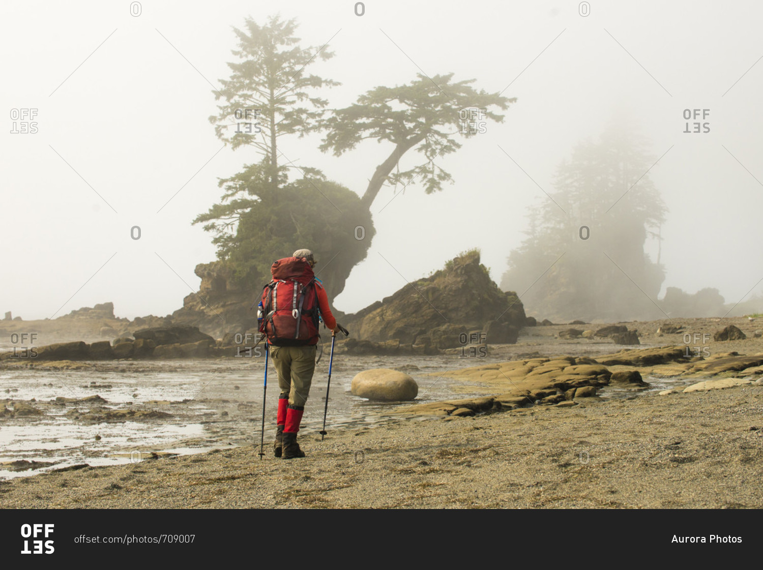 Backpacker hiking along beach, West Coast Trail, British Columbia, Canada