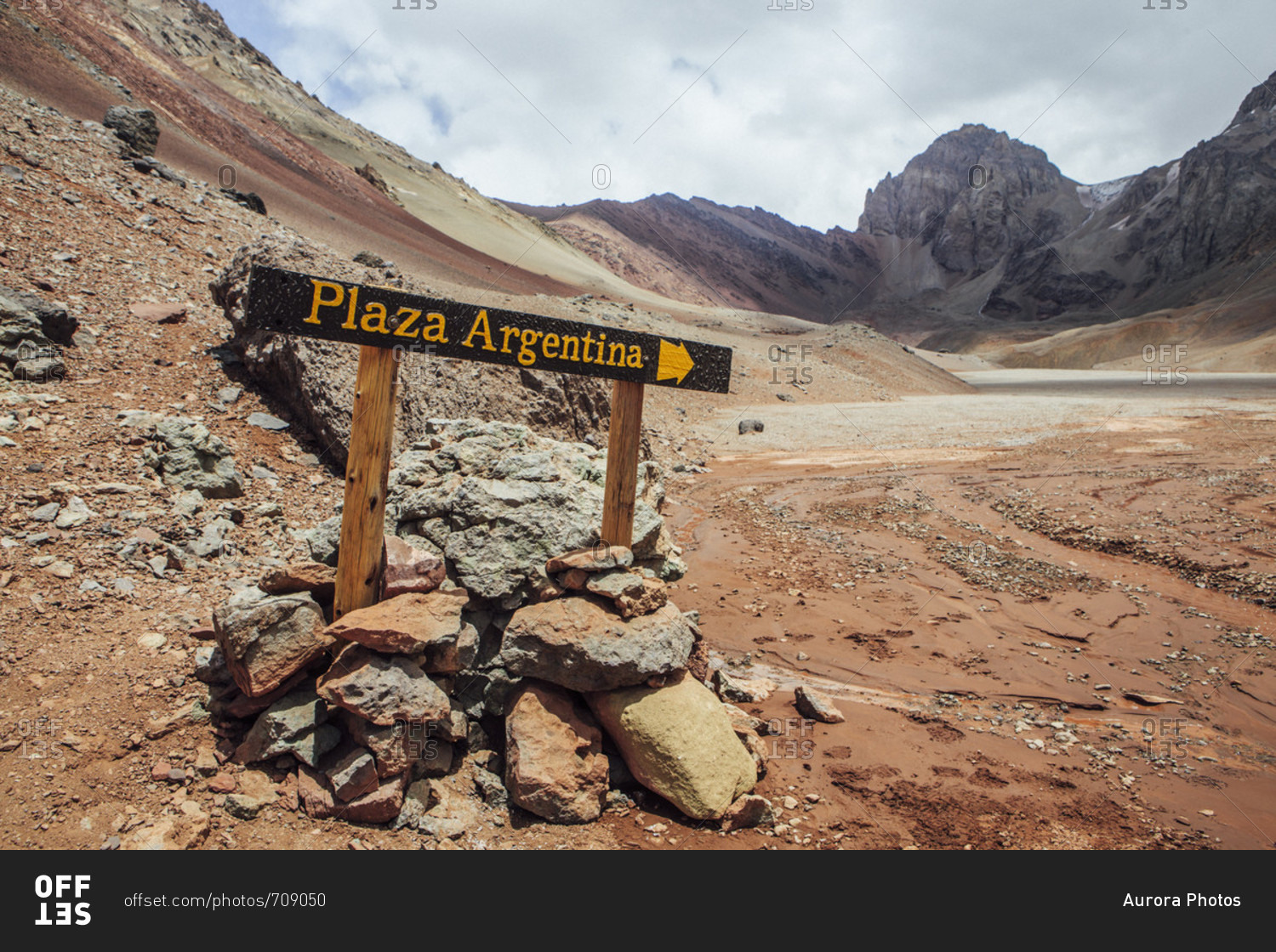 Plaza Argentina Base Camp sign on Aconcagua, Mendoza, Argentina