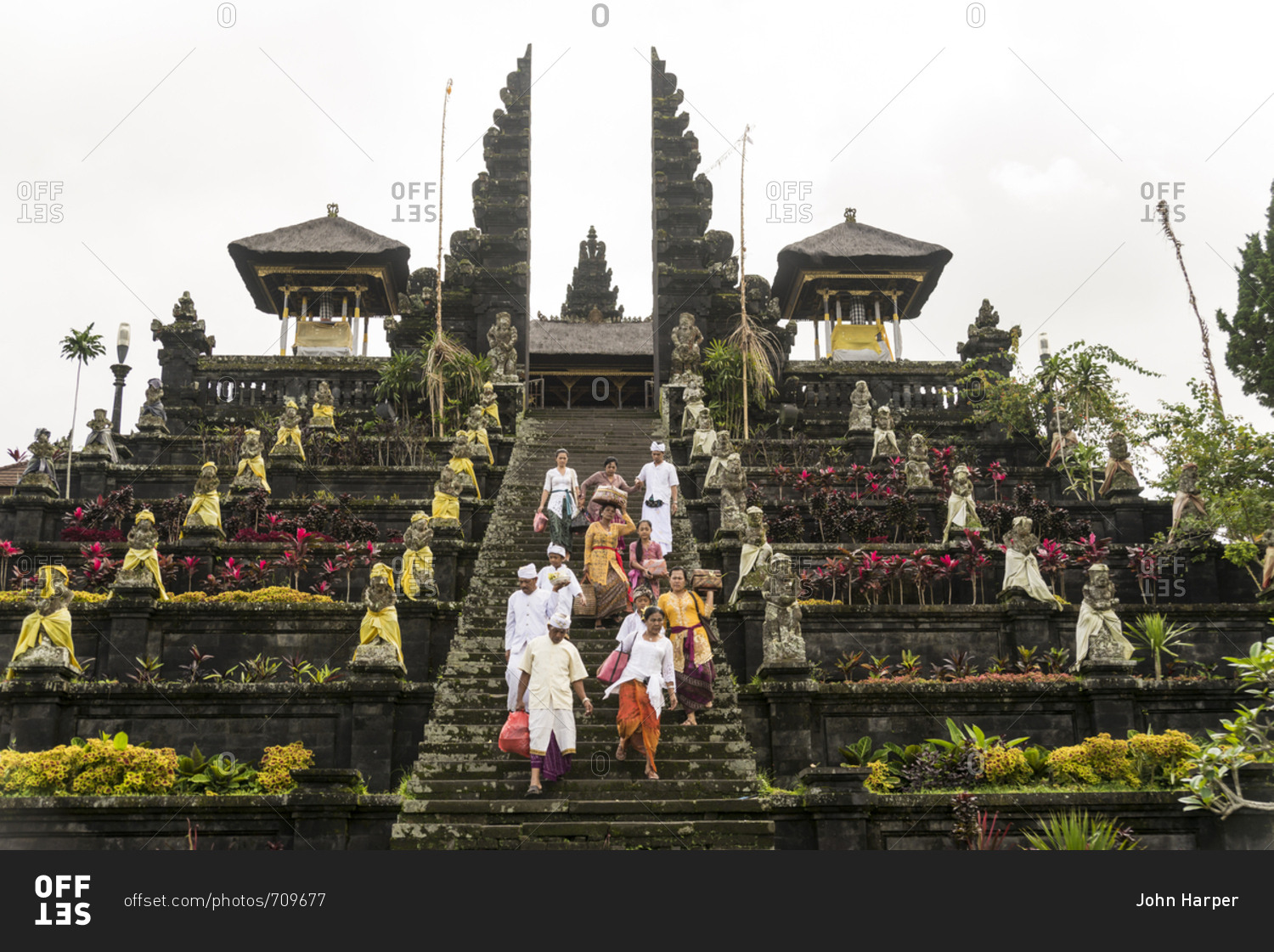 Worshippers descending the stairs of Besakih Temple in Bali, Indonesia