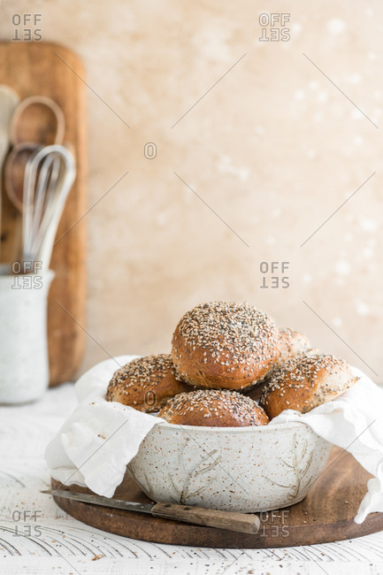 Whole Wheat Bread Rolls topped with sesame seeds.
