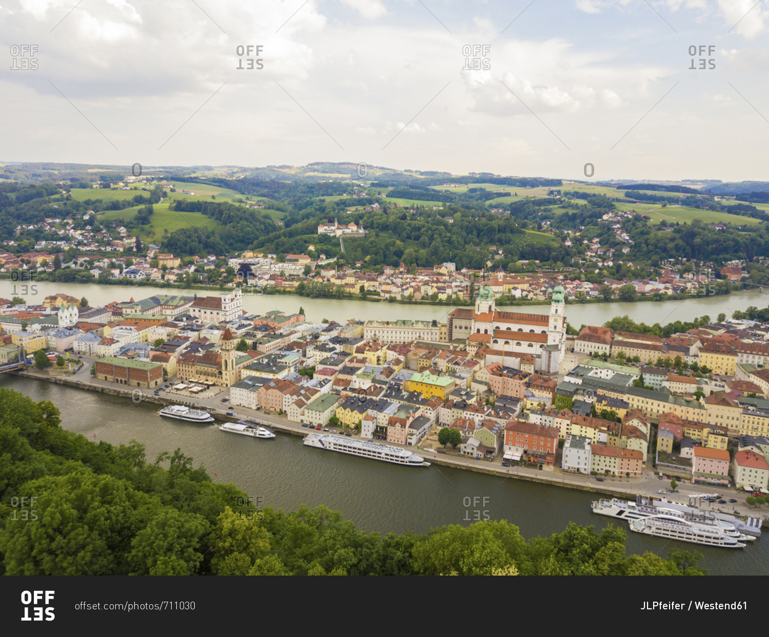 Germany- Bavaria- Passau- city of three rivers- Aerial view of Danube and Inn river
