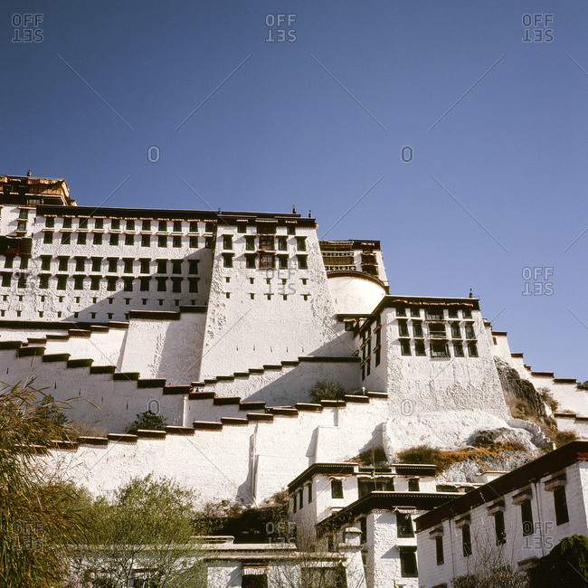 Low angle view of section of Potala Palace in Tibet