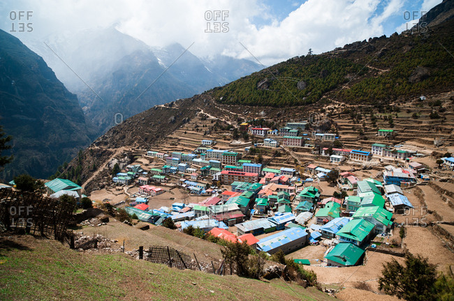 Top-down view of Namche Bazaar, a home to hundreds of tea houses, lodges and other accommodations