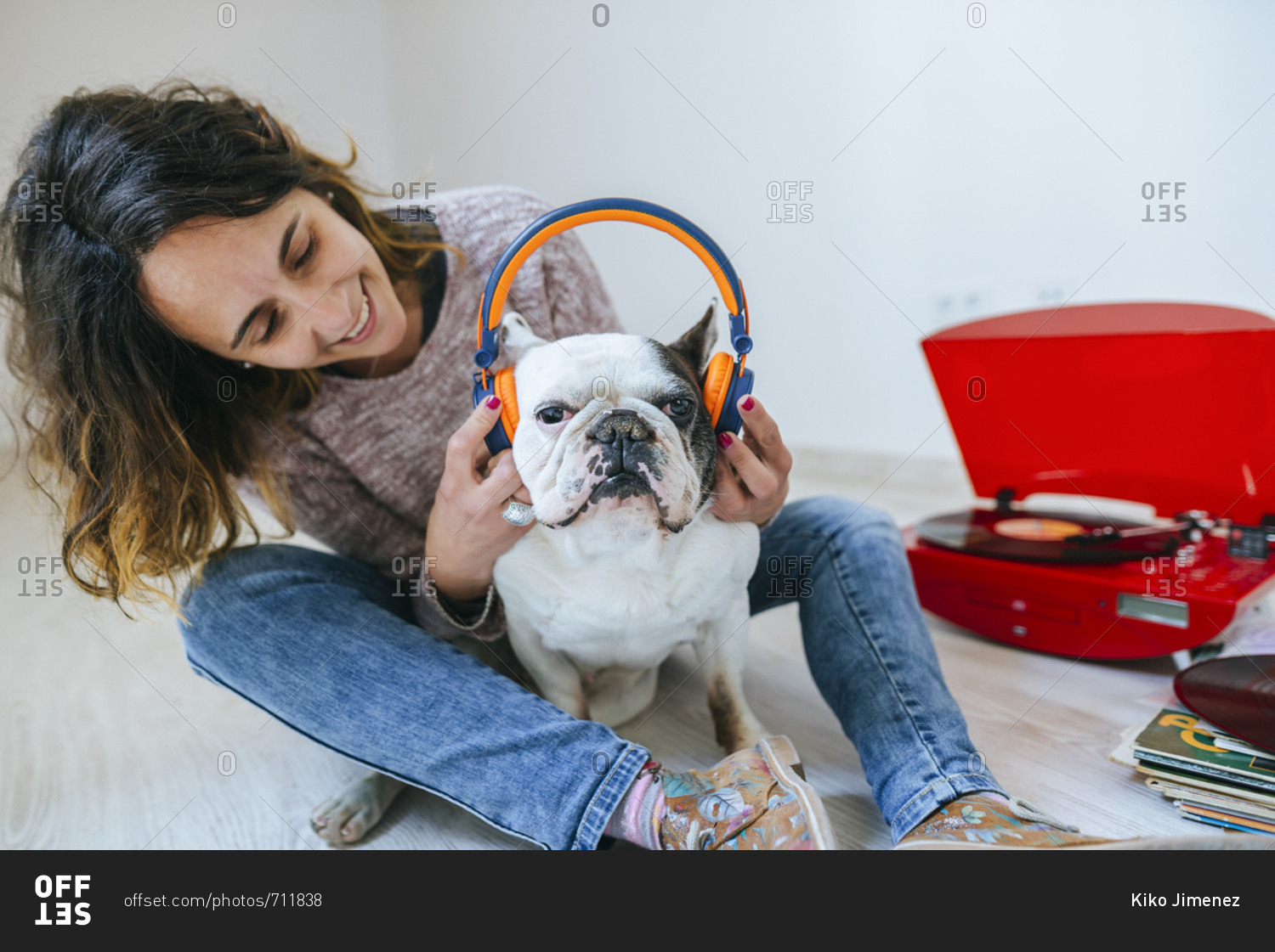 Woman puts headphones on her French Bulldog to listen to record playing on turntable