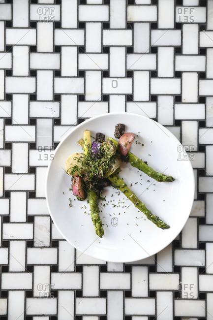 Creative vegetarian meal arrangement from above