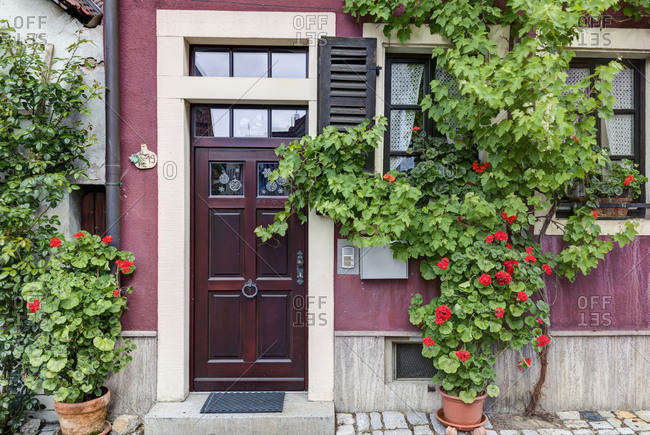 Open front door with a view of green fields stock photo - OFFSET