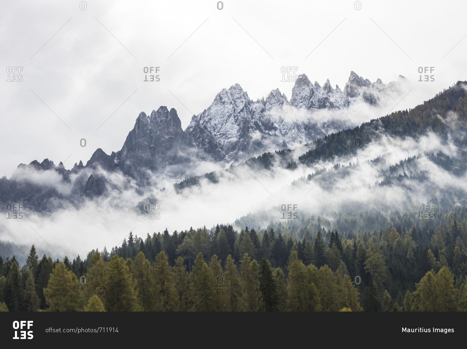 Haunold Group and Haunold (mountain)(2966 m) in the fog, Sexten Dolomites, Innichen / San Candido (market town), South Tyrol, Italy