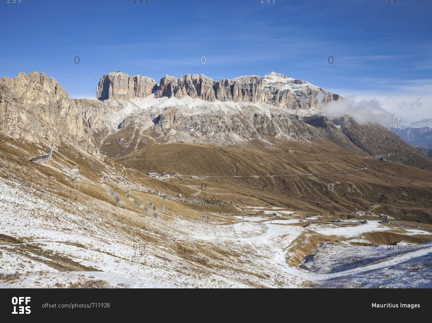 The Sella Group, on the right site the highest summit of the Group of Piz Boe (3152 m), view to the Pordoi (mountain), strada statale 48 delle Dolomiti, Dolomites, Border of South Tirol-Tentino-Belluno, Italy, Europe