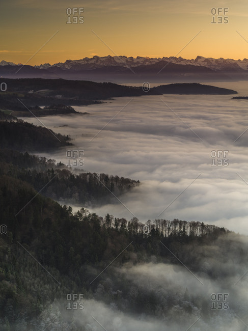 Sunset over the sea of fog on the Uetliberg near Zurich