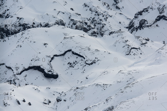 Iceland, birds eye view, in winter, snow-covered lava fields