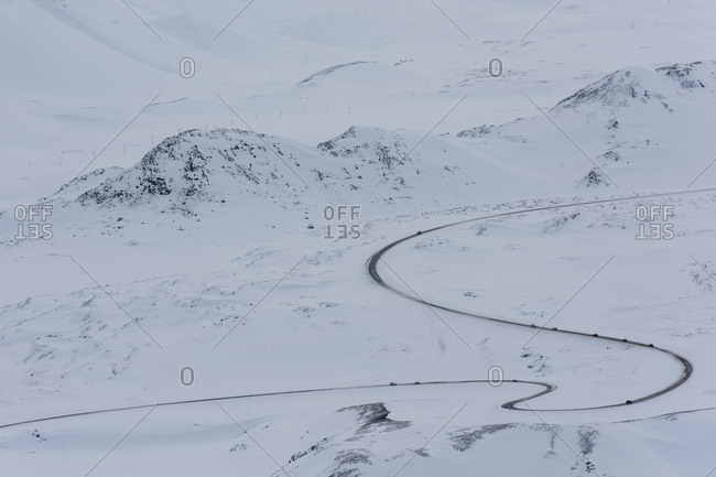 Iceland, birds eye view, cars on the ring road in the winter