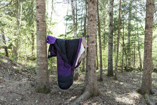 Unattended sleeping bag hanging from campsite trees