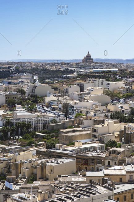 High angle cityscape on sunny afternoon